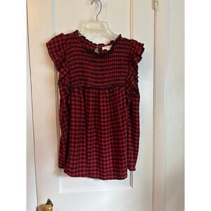 Beach Lunch Lounge brand Plaid Smocked Ruffle Sleeve Top. Red Black Size M Boho